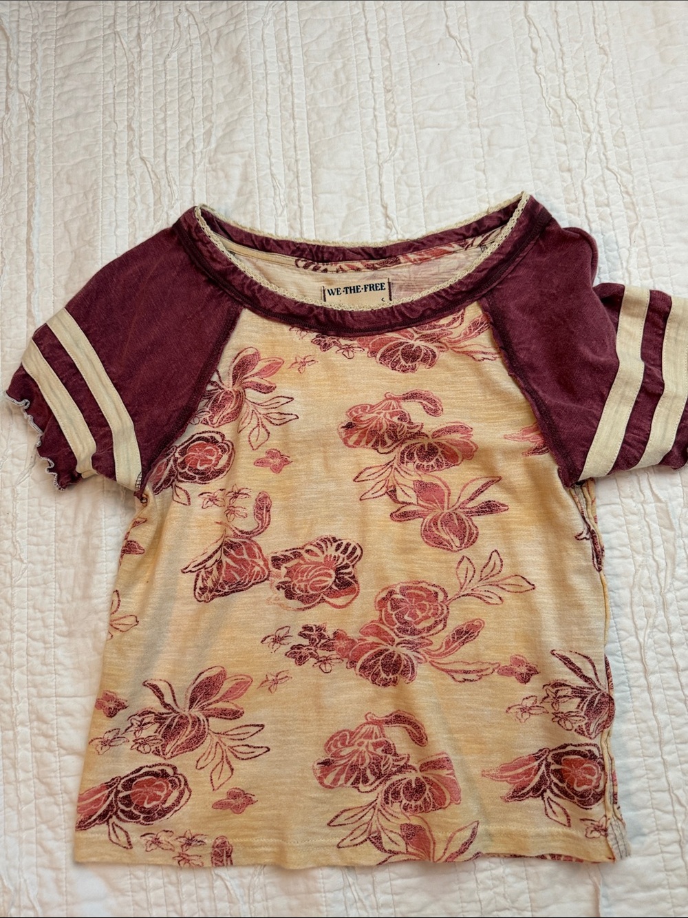 We The Free Short Sleeve Floral Raglan Tee in Burgundy and Cream